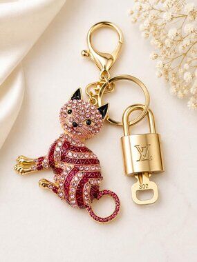 Authentic LV Gold Padlock & Key Set ✨ Luxury Bag Charm w/ Unbranded Cat Keychain